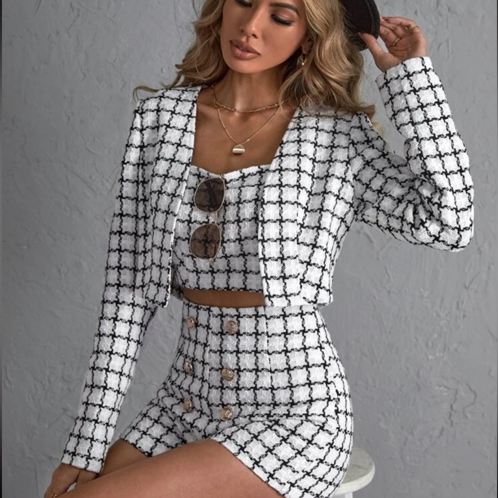 Plaid Tank Crop Top & Open Front Jacket Without Shorts